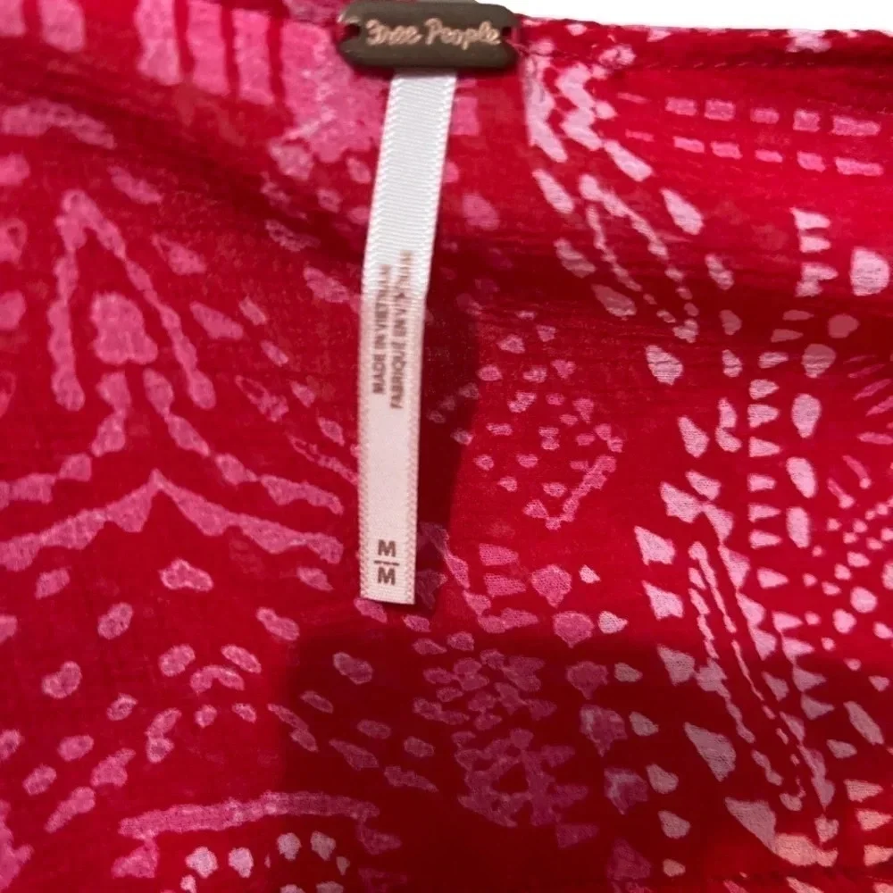 Free People Blouse. Red Sheer Asymmetrical Bell Sleeve. Medium. - Picture 6 of 9